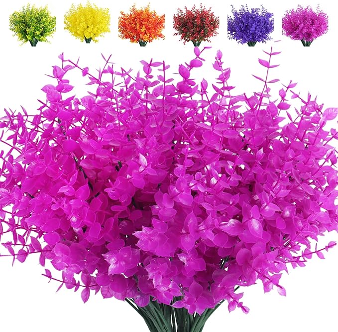 Artificial Faux Plants Outdoor Spring Decoration,Artificial Plants Outdoor Artificial Flowers for Outdoors UV Resistant for Outside Home Planter Porch Patio Window Yard Decor(Pure Fuchsia Eucalyptus)