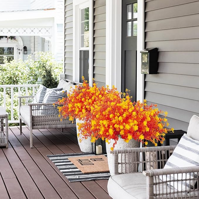 12 Bundles Artificial Fall Flowers for Outdoors, Artificial Plants UV Resistant Fall Fake Mums Plants for Outside Halloween Christmas Porch Decoration ecorations (Fall Orange)