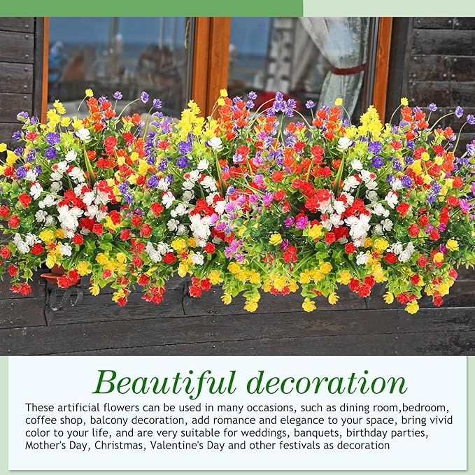 WILLBOND 48 Bundles Artificial Flowers Outdoor,UV Resistant Faux Plastic Plants Greenery Shrubs Flower Bulk for Hanging Planter Porch Window Home Wedding Spring Summer Decor (Fresh Color)
