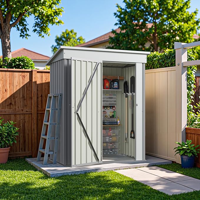Greesum 5×3 FT Outdoor Storage Shed, Metal Storaged Sheds Without Floor, Tool Sheds with Lockable Doors and Slooping Roof for Garden, Patio, Backyard, Gray