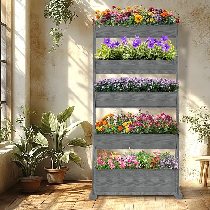 SUNYRISY 5 Tiers Vertical Raised Garden Bed Outdoor Planter Tower, Wooden Freestanding Planter Box for Planting Herbs Flowers Vegetables Backyard Patio Balcony Indoor Outdoor Gardening, Grey