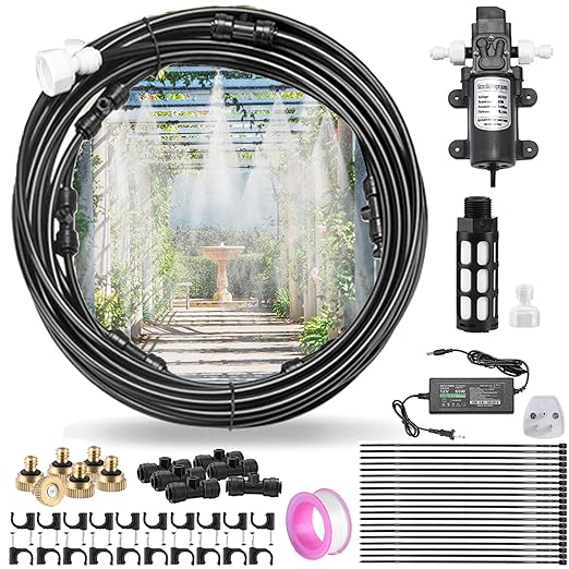 CozyCabin Outdoor Misting Cooling System with Pump - 40ft (12m) Misting Line with Filter + 6 Brass Mist Nozzles (3/4") for Patio Garden Greenhouse Watering Distribution System (6m (20ft))
