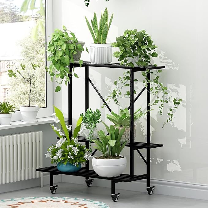 Zhongma 3 Tier Metal Heary Duty Plant Stand with Wheels, 35.43 L x 17.5 W x 38.6H . Space saving Plant Stand