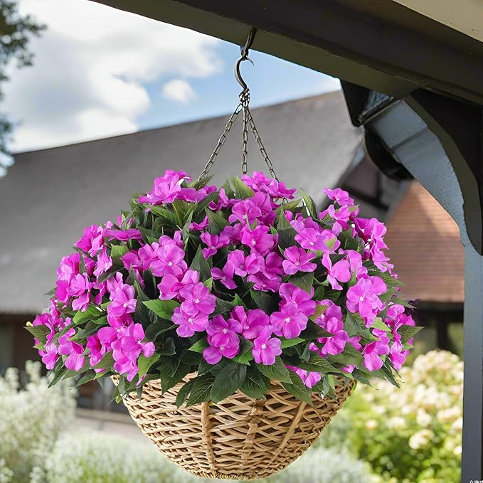 Artificial Flowers for Outdoors Silk Impatiens Flowers Faux Flowers Impatien Bushes Artificial Impatiens for Pot Patio Lawn Garden Hanging Basket Porch Decor (8, Purple)