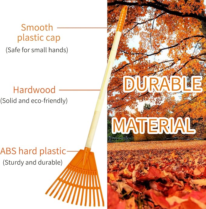 Kids Rakes, 4 Pieces 31" Heavy Duty Lawn Tool for Leaves, Child Size, Plastic Head & Wooden Handle, Gardening Tools for Boys Girls Gifts Age 3 Year Old and Up