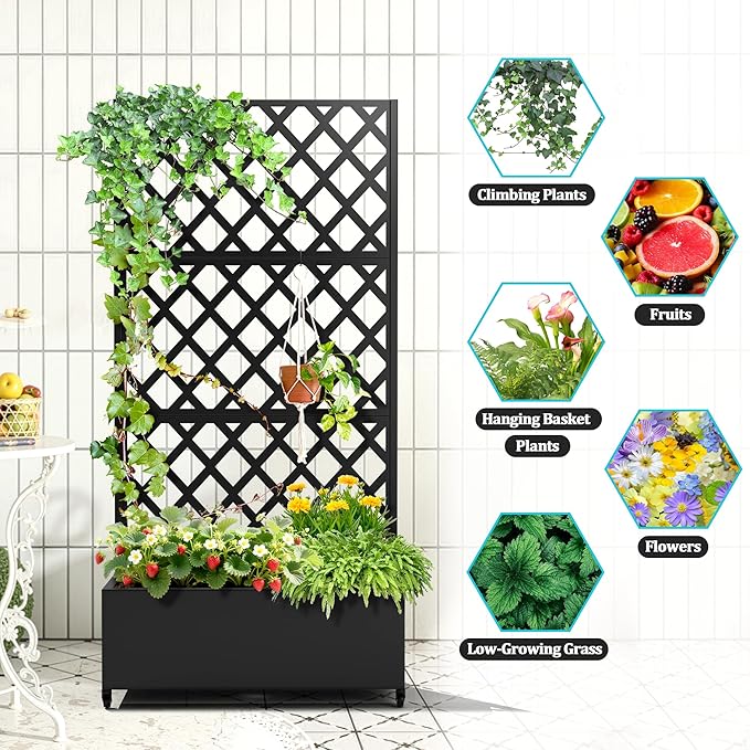 Metal Planter Box with Trellis, Planter Box with Privacy Screen, Privacy Trellis Outdoor for Climbing Plants with Drainage Holes, Raised Garden Bed with Wheels