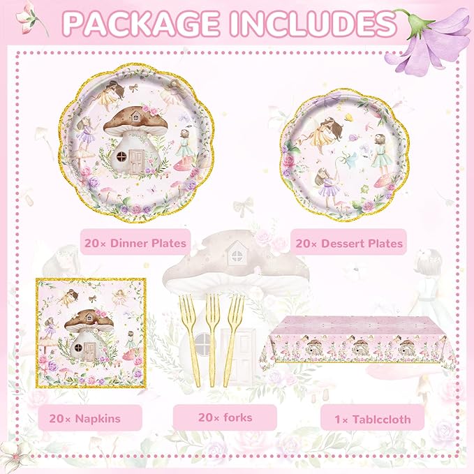 81Pcs Fairy Party Decorations for Girls 1st 2nd Birthday Garden Flower Themed Baby Shower Party Supplies Fairies Enchanted Tableware with Paper Plates Napkins Cups Forks and tablecloth Serve 20