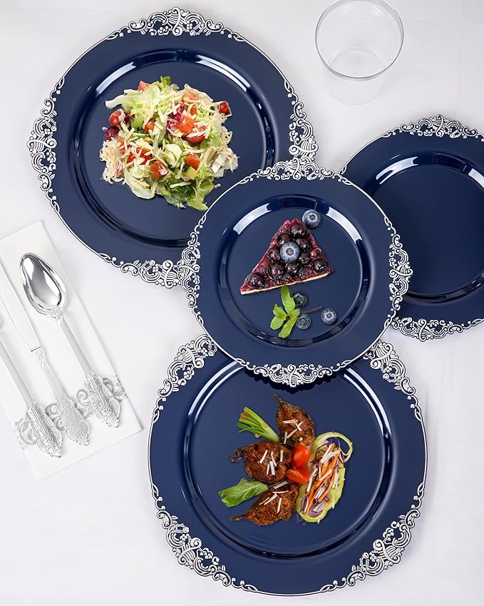 Hioasis 350pcs Blue and Silver Plastic Plates - Elegant Disposable Dinnerware Set Suitable for 50 Guests Include 10.25" Dinner & 7.5" Dessert Plates, Cutlery, Napkins, Cups for Party
