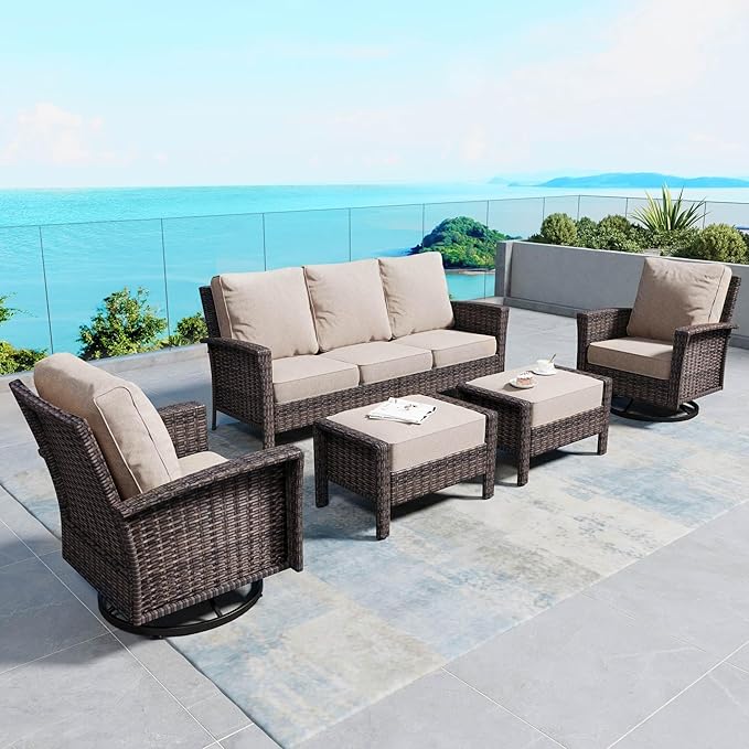 5 Pieces Patio Furniture Set with Swivel Chairs, High Back Wicker Rattan Sofa with Extra Thick Cushion and Ottoman, Outdoor Conversation Set for Garden Backyard Deck,Beige