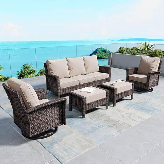5 Pieces Patio Furniture Set with Swivel Chairs, High Back Wicker Rattan Sofa with Extra Thick Cushion and Ottoman, Outdoor Conversation Set for Garden Backyard Deck,Beige