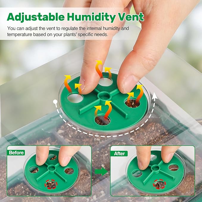 Bonviee 10 Packs Seed Starter Tray with Elevated Lid, 120 Cells Thicken Seed Starting Trays Kit with Adjustable Humidity Vent, Clear Cell Tray and Heightened Lids for Greenhouse & Gardens, Green
