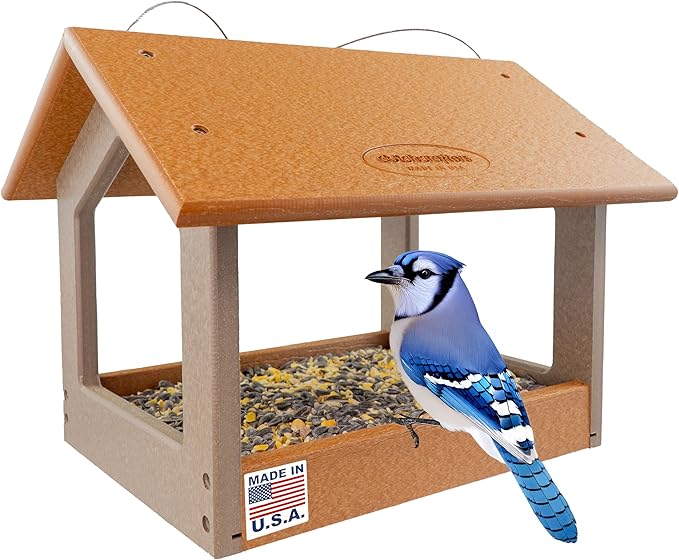 DutchCrafters Amish USA Made Recycled Plastic Large Hanging Modern Fly Through Covered Roof Open Platform Tray Bird Feeder for Outdoors, Garden, Yard (Cedar & Weatherwood)
