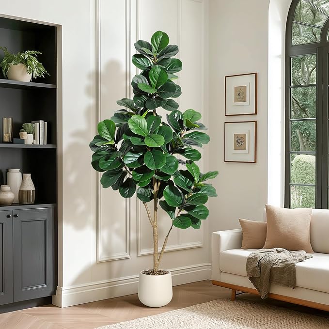 6FT Fiddle Leaf Fig Tree Artificial with 108 Leaves - Realistic Faux Ficus Lyrata Trees in 9" White Planter Pot, Indoor Fake Floor Plants for Home Office Living Room Decor, Housewarming Gift
