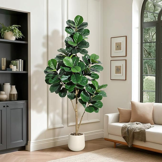 6FT Fiddle Leaf Fig Tree Artificial with 108 Leaves - Realistic Faux Ficus Lyrata Trees in 9" White Planter Pot, Indoor Fake Floor Plants for Home Office Living Room Decor, Housewarming Gift