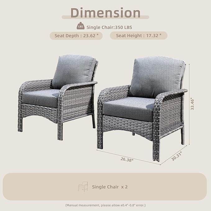 2 Pack Wicker Patio Furniture Chairs,Outdoor Rattan Chairs with Armrest Support 250 lb,Dark Gray