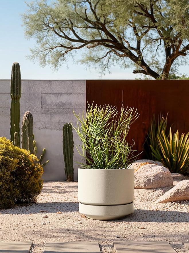 LE TAUCI Large 14 Inch Plant Pot with Saucer | Ceramic Outdoor & Indoor Big Planter Pot | Drainage Hole, Mesh Pad & Plug | Unglazed Porous | Modern Minimalist for Home and Patio – Speckled Oat