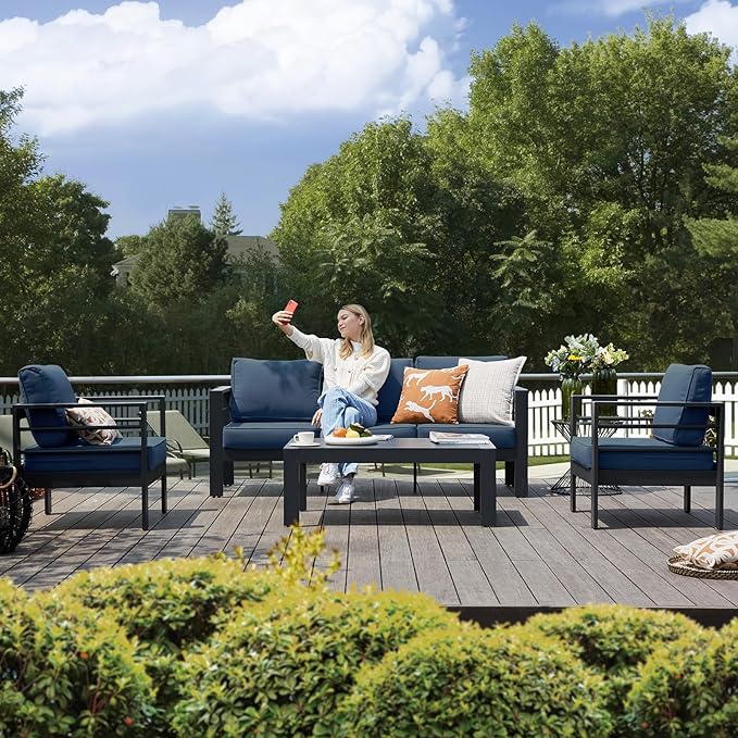 Aluminum Patio Furniture,Outdoor Metal Sectional Sofa with Table and Waterproof Covers,Grey and Blue Modern Patio Furniture Set for Garden Backyard (5-Piece)