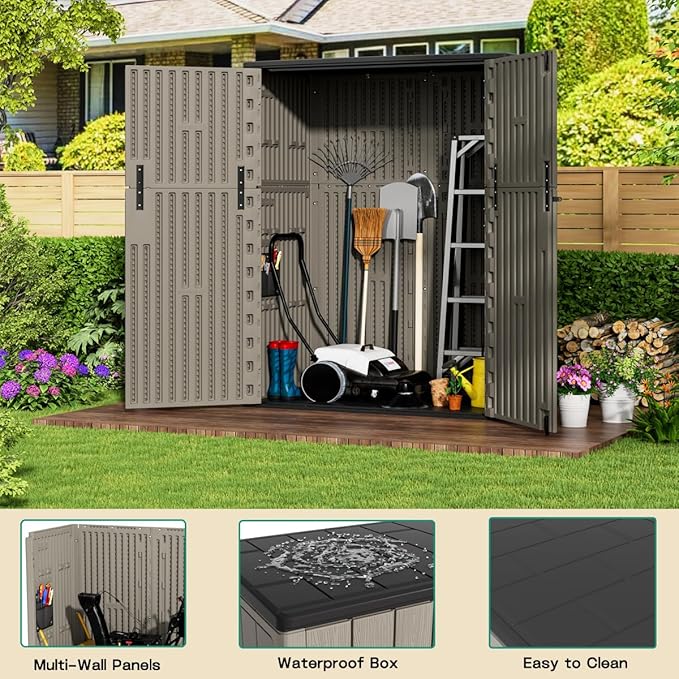 KINYING Outdoor Vertical Storage Shed,57 Cu.ft Outdoor Storage Cabinet Waterproof,Resin Sheds & Outdoor Storage Clearance for Garden,Patio,Backyard,Lockable (Brown)