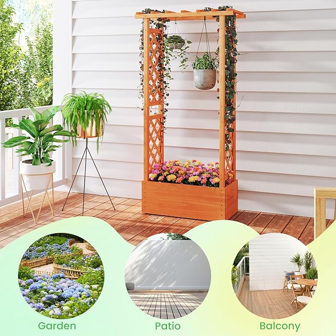S AFSTAR Raised Garden Bed with Trellis, Wood Planter Box with Hanging Roof & Drainage Holes for Climbing Plants, Vines, Flowers & Vegetables, Indoor Outdoor Plant Container for Patio & Yard