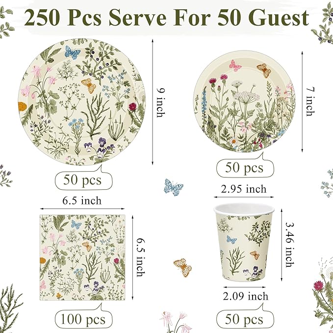 250 Pcs Wildflower Party Decorations Include Spring Summer Floral Paper Plates Napkins and Cups for Wildflower Baby Shower Tea Decorations, Serve 50 Guest(Light Green,Vintage Style)