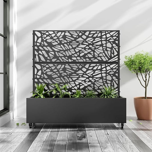Casaphoria Metal Raised Garden Bed with Trellis and Wheels, 47"x47"x16" Planter Box for Climbing Plants, Vegetables & Vines, Features Drainage Holes and Privacy Screen (Black-Net)