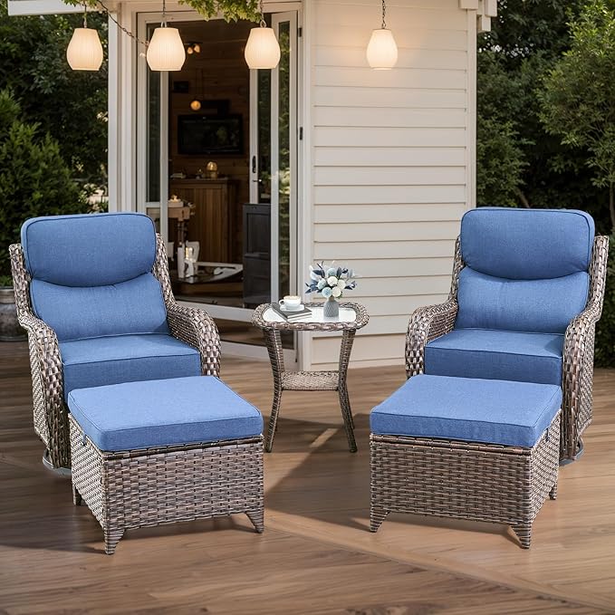 HUMMUH 6-Piece Outdoor Wicker Patio Furniture Set with Swivel Glider Chairs, Loveseat & Ottomans 5” Olefin Cushions Ergonomic Neck-Lumbar Backrest All-Weather Rattan for Garden, Deck, Porch