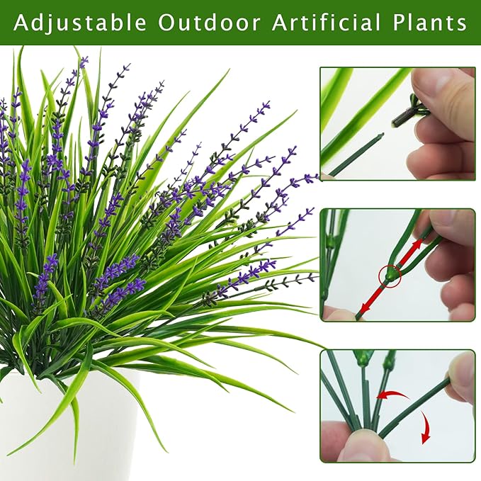 10 Pcs Artificial Plants Outdoor, UV Resistant Fake Outdoor Flowers Plants Faux Plastic Monkey Grass for Outside Front Porch Garden Window Box Home Office Planters Desk Decor (Purple)