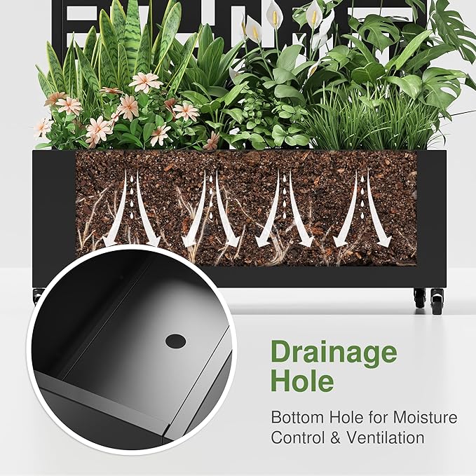 Casaphoria Metal Raised Garden Bed with Trellis, 47"x24"x12" Planter Box for Climbing Plants, Vegetables & Vines, Features Drainage Holes and Privacy Screen (Black-Helen)