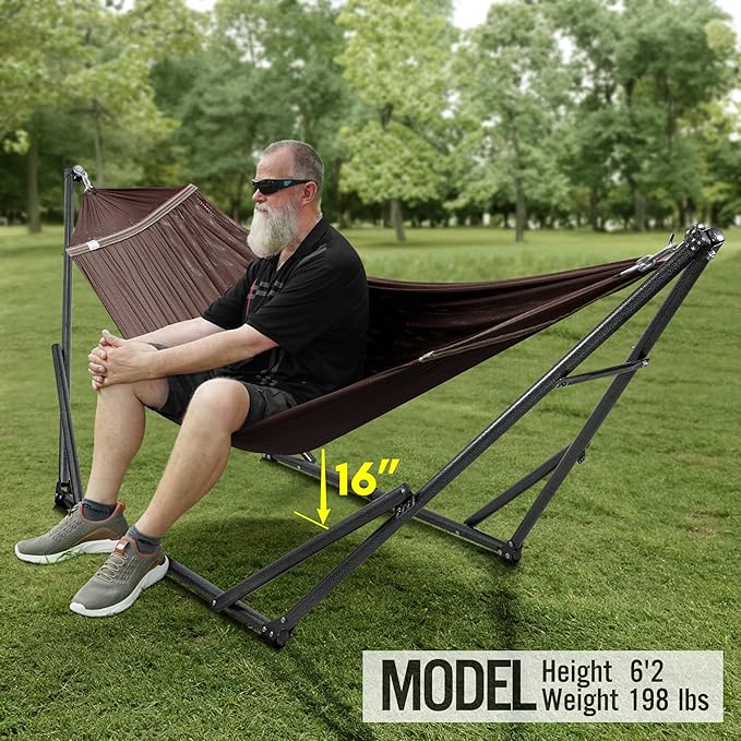 Tranquillo Universal Double Hammock with Stand Included for 2 Persons/Foldable Hammock Stand 600 lbs Capacity Portable Case - Inhouse, Outdoor, Camping, Brown