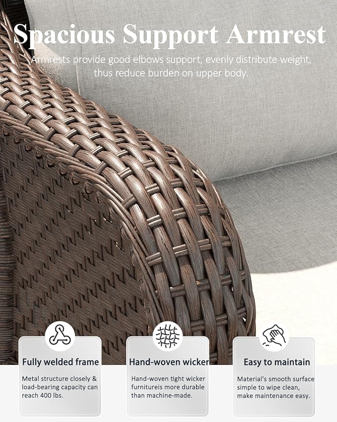 LayinSun 3 Piece Wicker Outdoor Furniture Set with 6-inch Comfy Cushions, High Back Patio Furniture Set with Rattan Armchairs and Side Table