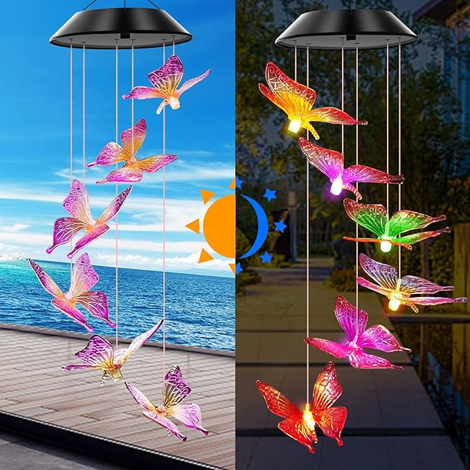Solar Wind Chimes Outdoor Color Changing Lights, Gift for Women Mom Grandma Sister Best Gifts, Wind Chimes Unique Outdoor Garden Yard Decor (Purple Butterfly)