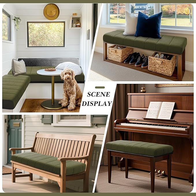 Wenqik Bench Cushion 42x16x4 Inch for Indoor Outdoor Furniture Tufted Thicken Bay Window Seat Cushion Non Slip Waterproof Dining Piano Bench Pad Pillow Anti Cat Scratch for Patio Porch Swing, Green