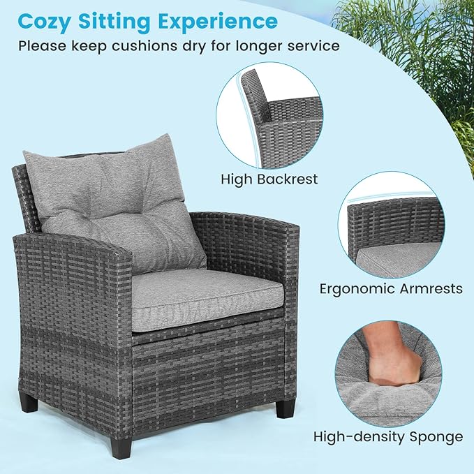 HAPPYGRILL 3 Pieces Patio Conversation Set, Outdoor Furniture Set PE Rattan Sofa Set with Removable Cushions, PE Wicker Chairs with Tempered Glass Side Table for Porch Lawn Garden Balcony Backyard