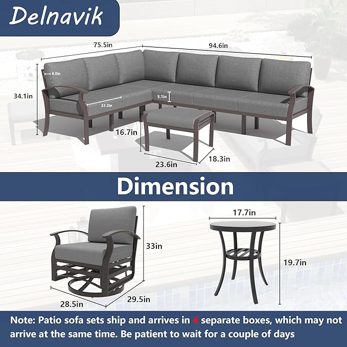 Kurapika Patio Furniture Set 10-Piece Aluminum Sectional Sofa with Armrest, Modern Outdoor Conversation Set, Metal Corner Sofa with Ottoman, Grey