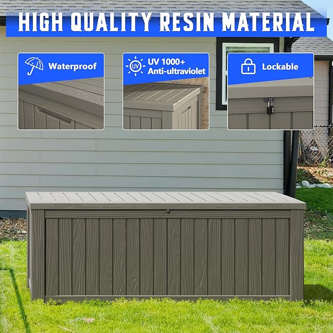NUNU LAB 180 Gallon Outdoor Storage Box, Large Resin Deck Box with Double Wall Panels, Waterproof Patio Storage Bin for Garden Tools, Pool Accessories, Package Deliveries & Outdoor Gear,Grey