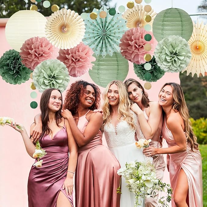 Sage Green and Dusty Pink Party Decorations Green & Pink Party Decor Sage Tissue Pom Poms Paper Lanterns Beige Paper Fans for Women Girls Birthday Wedding Bridal Shower Baby Shower Party Decor