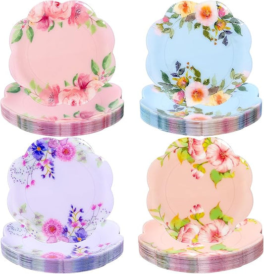 60Pcs Floral Plastic Plates - 7.5inch Dessert Plate Disposable - Heavy Duty Tea Party Plates - Premium Flower Plate Decorations for Birthday Baby Shower Wedding Party Supplies