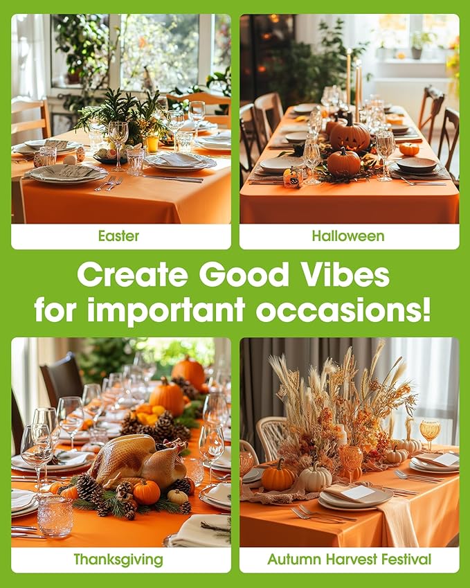 Pureegg Plastic Table Cloth Disposable 8 Pack, 54 x 108 Inch Table Cloths, Halloween Party, Thanksgiving Decorations, Harvest, Fall Tablecloths, Rectangle Tables, Leakproof & Sturdy, Orange