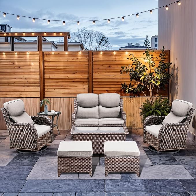 7-Piece Outdoor Wicker Patio Furniture Set with Swivel Glider Chairs,Loveseat, Coffee Table & Ottomans 5” Olefin Cushions Ergonomic Neck-Lumbar Backrest All-Weather Rattan for Garden, Deck, Porch