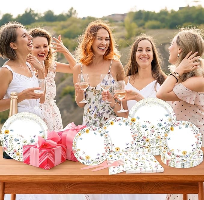 96 Pcs Wildflower Party Supplies Paper Plates and Napkins Disposable Spring Floral Baby Shower Birthday Tableware Decorations for Spring Summer Picnic Wedding Tea Party, Serve 24 Guests