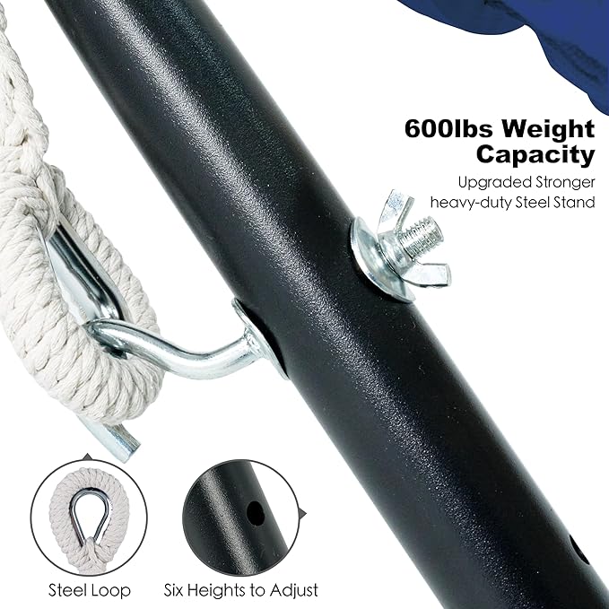 Double Hammock with Stand for Outside, Upgraded Spreader Bar, Heavy Duty Space Saving Steel Stand 2 Person, Side Pockets, Easy Assembly, 600lbs Weight Capacity, Indoor & Outdoor (Navy Blue)