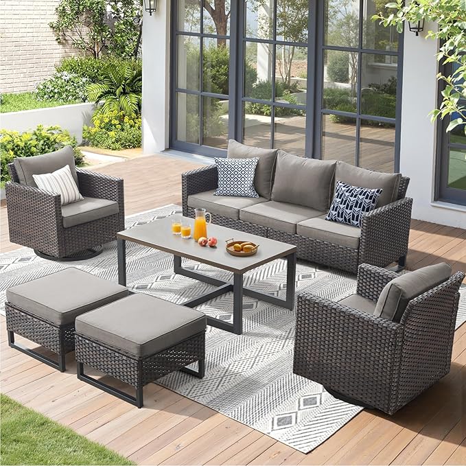 6 Pieces Patio Furniture Set-All Weather Outdoor Swivel Rocker Patio Chairs with 3-Seat Section Couch and Rattan Coffee Table Outdoor Conversation Sets for Garden Backyard Deck(Brown/Grey)