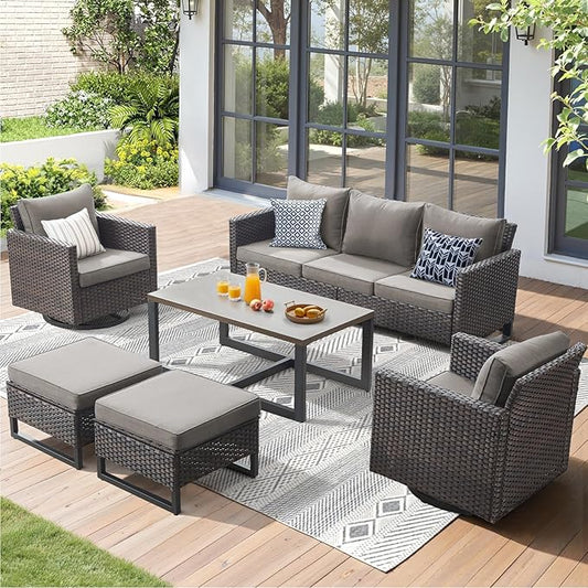 6 Pieces Patio Furniture Set-All Weather Outdoor Swivel Rocker Patio Chairs with 3-Seat Section Couch and Rattan Coffee Table Outdoor Conversation Sets for Garden Backyard Deck(Brown/Grey)