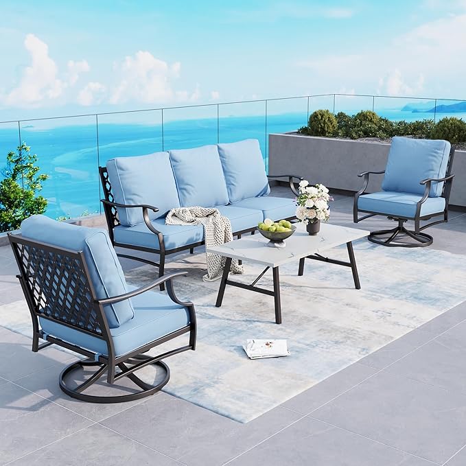 4 Piece Metal Outdoor Patio Furniture Set, Patio Conversation Sets 1 3-seater Sofa, 2 Swivel Chair with 5.75" Extra Thick Cushion and Coffee Table, Black Frame Backyard Furniture, Blue