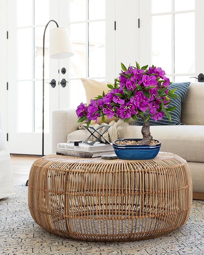 Briful Artificial Bougainvillea Bonsai Tree 18.5" Silk Bougainvillea Plant with Blue Pot Fake Bougainvillea Floral Tree for Home Office Room Desk Shelf Zen Décor(Purple)