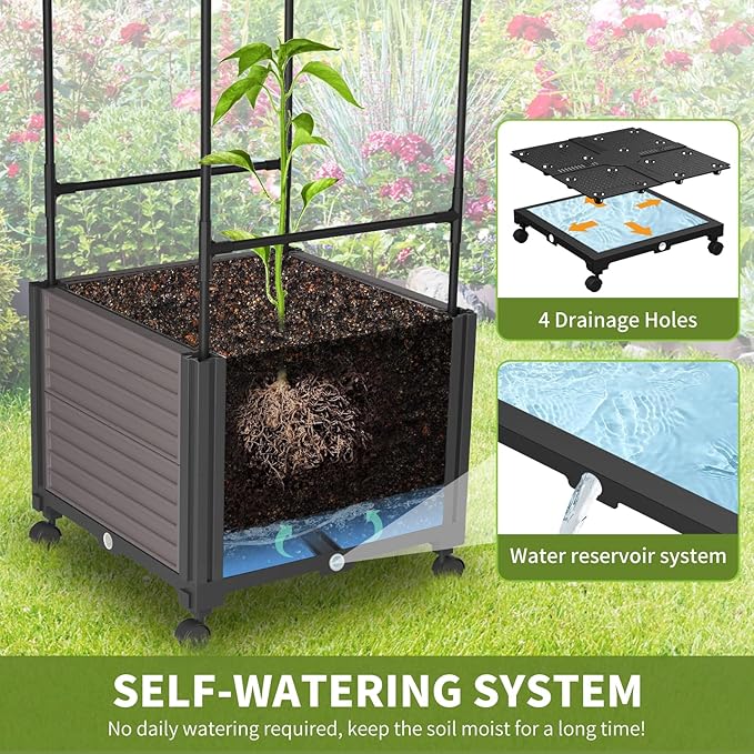 Raised Garden Bed Planter Box with Trellis, 61'' Tomato Planters for Climbing Plants Vegetable Vine Flowers Outdoor Patio Tomato Cage, Self Watering Planter with Wheels