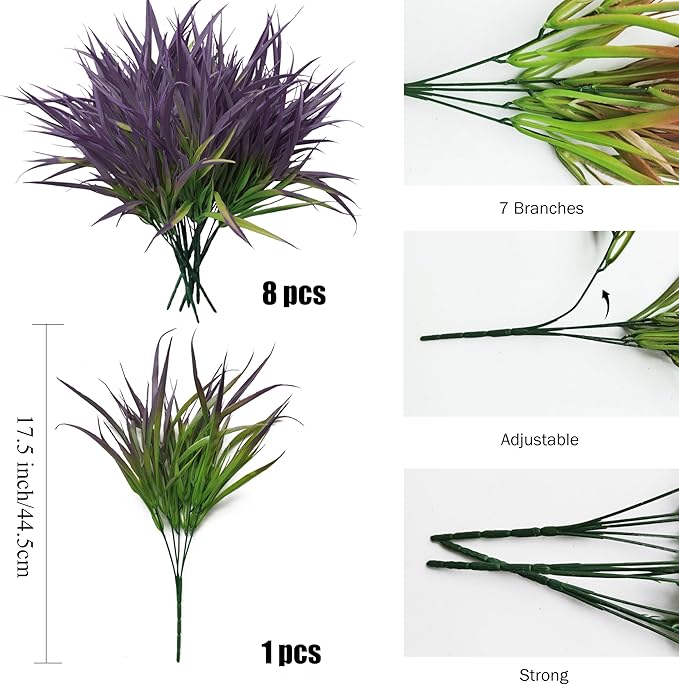Outdoor Artificial Plants 8Pcs Fake Plants Grass UV Resistant Fake Flowers Bush Greenery,17Inch Tall Faux Grass Shrubs for Home Porch Pathway Garden Décor Outside Indoor (Deep Purple)