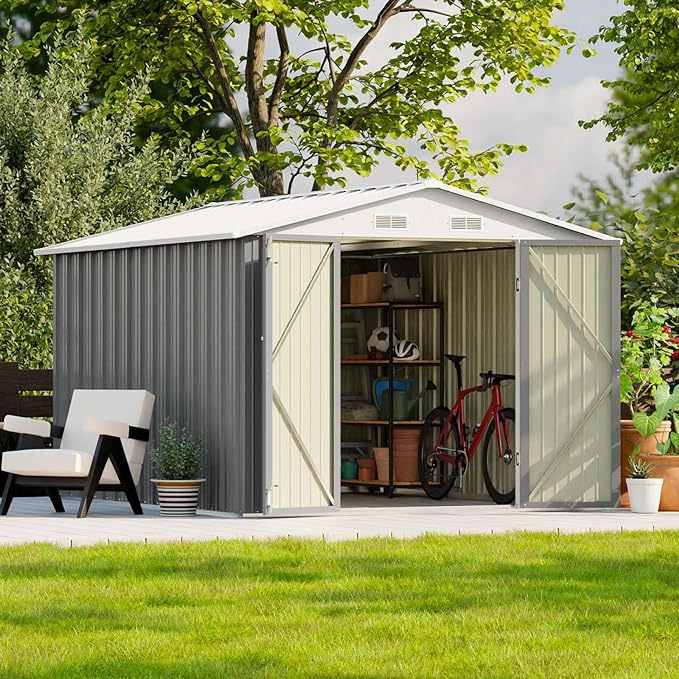 Patiowell 8x10 FT Outdoor Storage Shed, Large Garden Tool Metal Shed with Sloping Roof and Double Lockable Door, Outdoor Sheds for Backyard Garden Patio Lawn,Grey