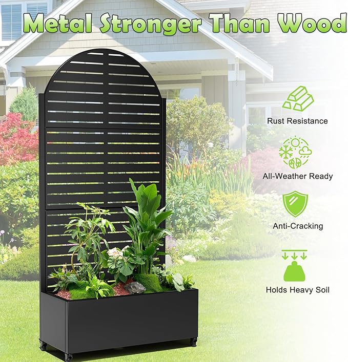 15.7"×70.9"×35.4" Metal Raised Garden Bed with Trellis and Wheels - Tall Trellis Planter Box for Climbing Plants, Vegetables & Vines - Outdoor Privacy Planters for Patio (Black-Louvered)