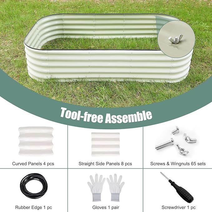 Galvanized Steel Raised Garden Bed 8x2ft Oval - 17" Tall 9-in-1 Modular Planter Box for Vegetables/Flowers, Rust-Proof Metal Outdoor Planters Rubber Edging (White)